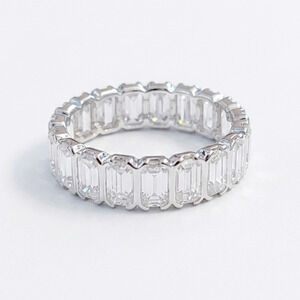 Emerald Cut Moissanite Eternity Band - Rhodium Plated 925 Sterling Silver Size 8